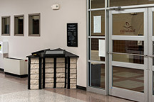 View of the completed kiosk in the Peace Memorial Auditorium's foyer.