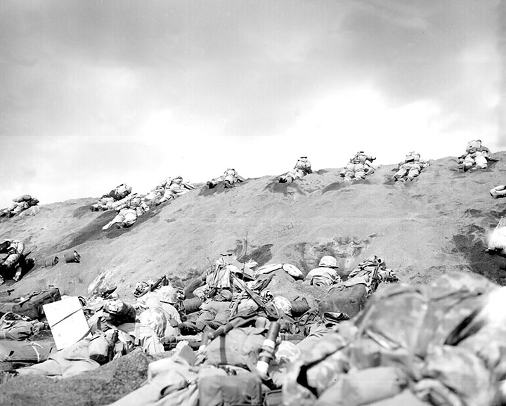 Marines of the 5th Division on Iwo Jima; photo is in the public domain.