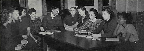 Clyde Hinrichs (seated 2nd from left) with Marianna Kistler (1st from left - Marianna Kistler Beach Museum) were part of the Quill Club at K-State.