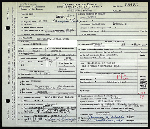 Gerald Armstrong's Certificate of Death.