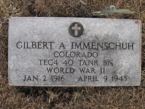 Gilbert Immenschuh's headstone at Westmorland Cemetery, Westmorland, KS.