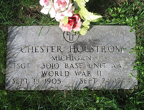 Holstrom's grave marker at the Rapid River Cemetery in Rapid River, Michigan.