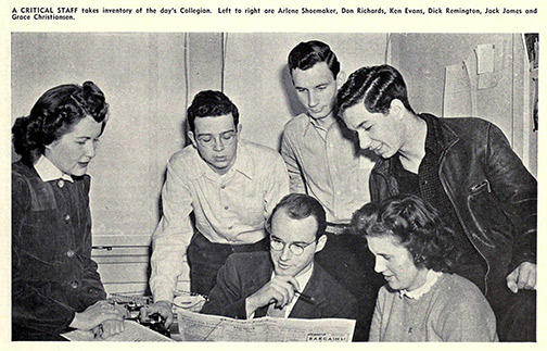 Ken Evans, here with a group of student reporters, served as editor of the K-State Collegian (1942 Royal Purple).