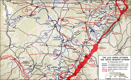 Map showing approximate area where 2nd Lt. Kilkenney and much of the 106th Regiment were captured during the Battle of the Bulge (source USdefensewatch.com).