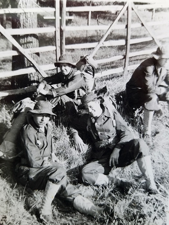 Aguilar (bottom left) with fellow soldiers while stationed at Fort Riley, Kansas in 1941