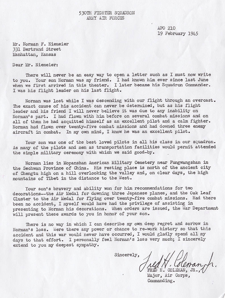 Letter to Niemeier's parents from his Squadron Leader, Major Fred Coleman. Courtesy of the Niemeier family.
