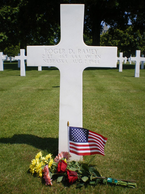 Roger Ramey's grave marker at the American Memorial Cemetery at Saint James, Normandie, France.