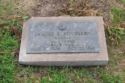 James Stiverson's grave marker at Greenwood Cemetery, Blue Rapids, KS.
