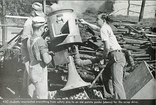 Anything made of metal that lacked a practical purpose was turned in for scrap to help in the war effort. Here, KSC students do their part - 1943 Royal Purple yearbook.