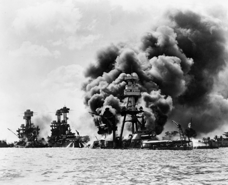 USS Arizona sinking during attack on Pearl Harbor. Courtesy Naval Heritage and Command.
