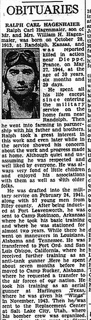 Hagenmaier's obituary in the Manhattan Mercury, September 28, 1944.