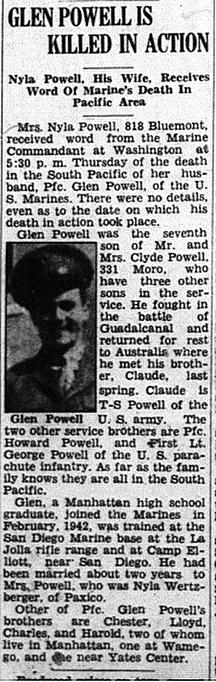 Glenn Powell's death reported in the Manhattan Mercury.