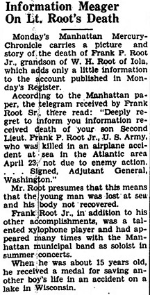 Reporting on Root's death from the Iola Register, April 29, 1942.