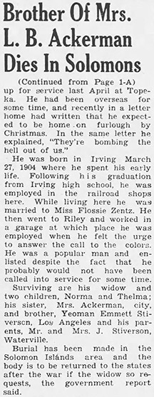 Announcement of Stiversons death reported in the Marshall County News, December 3, 1942.