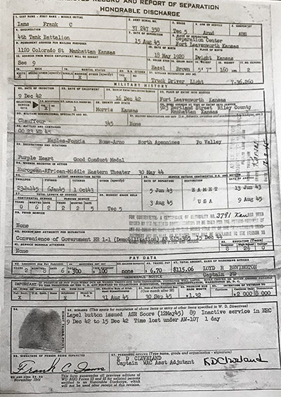Photo of Frank's Honorable Discharge Papers.