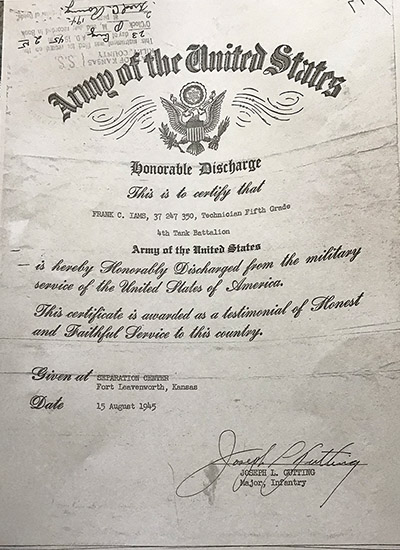 Photo of Frank's Honorable Discharge Certificate..